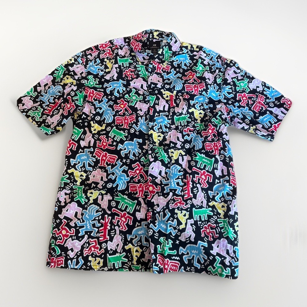 H&M Keith Haring Men's Small Button Up Shirt Multicolor All Over Print